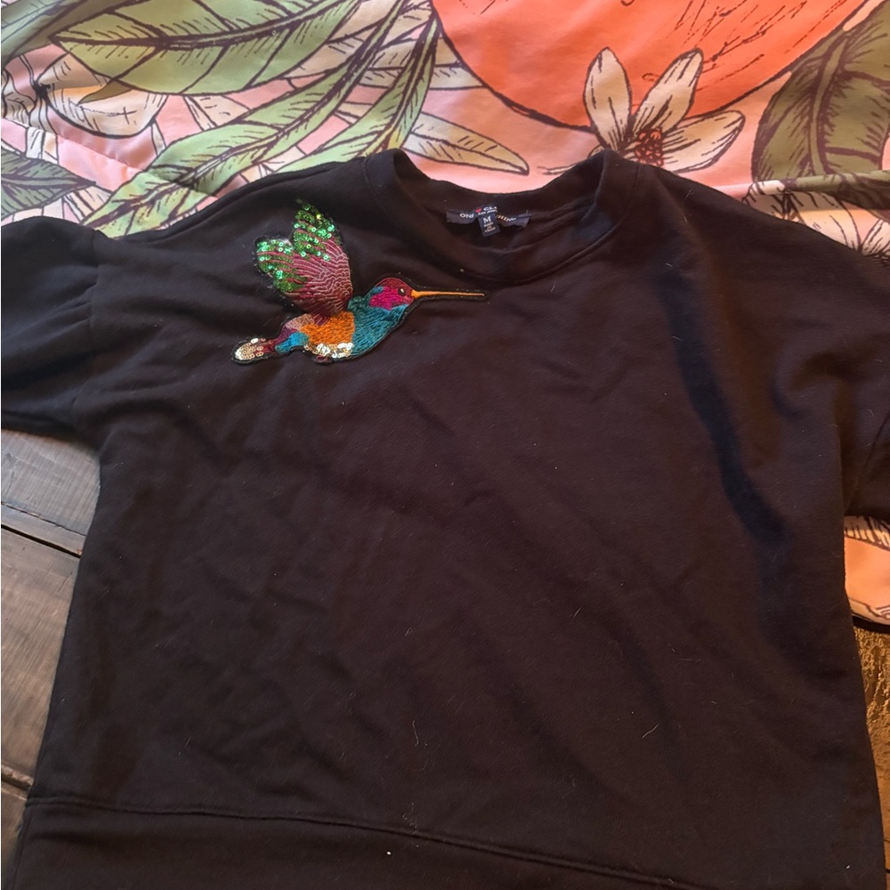 One Clothing Black Top with Colorful Bird Design